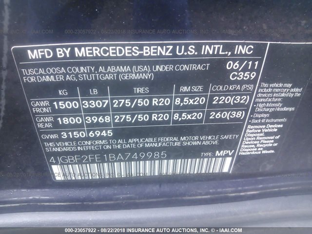 4JGBF2FE1BA749985 - 2011 MERCEDES-BENZ GL 350 BLUETEC BLUE photo 9