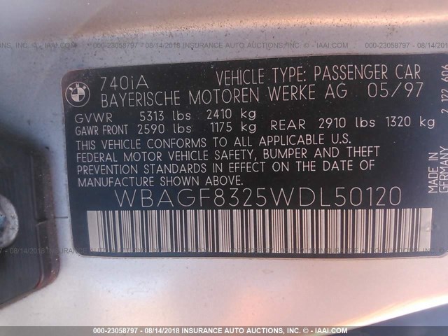 WBAGF8325WDL50120 - 1998 BMW 740 I AUTOMATIC SILVER photo 9