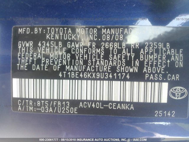 4T1BE46KX9U341174 - 2009 TOYOTA CAMRY SE/LE/XLE BLUE photo 9