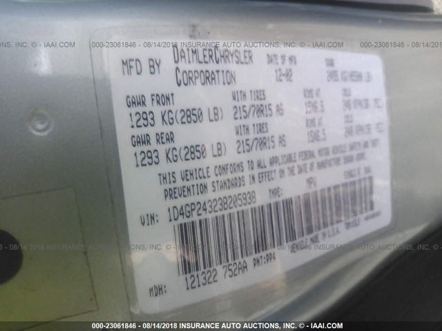 1D4GP24323B205938 - 2003 DODGE GRAND CARAVAN SE SILVER photo 9