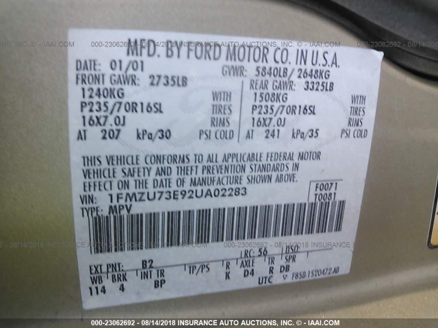 1FMZU73E92UA02283 - 2002 FORD EXPLORER XLT GOLD photo 9