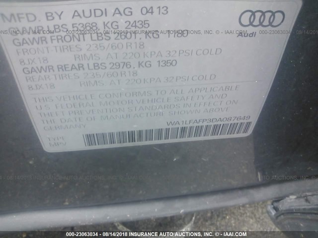 WA1LFAFP3DA087649 - 2013 AUDI Q5 PREMIUM PLUS GRAY photo 9