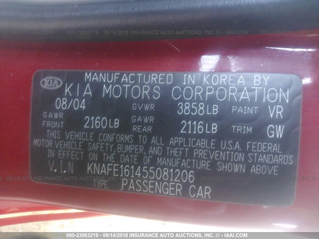 KNAFE161455081206 - 2005 KIA SPECTRA5 RED photo 9