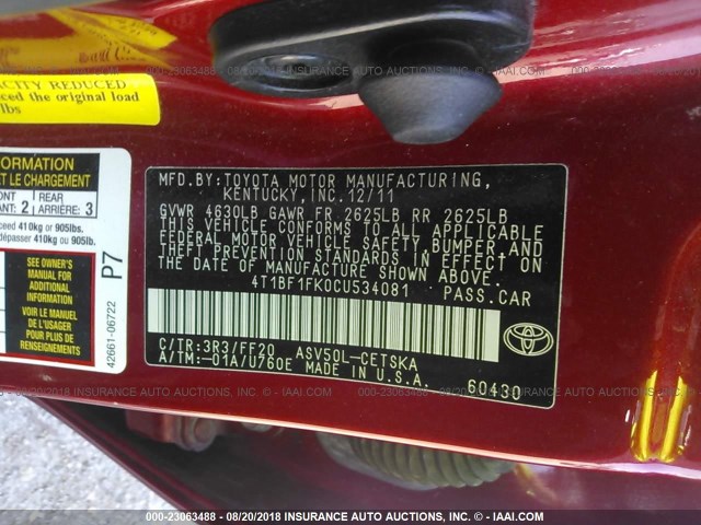 4T1BF1FK0CU534081 - 2012 TOYOTA CAMRY SE/LE/XLE RED photo 9