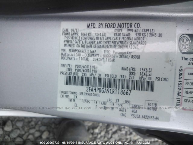 3FAHP0GA9CR118667 - 2012 FORD FUSION S SILVER photo 9