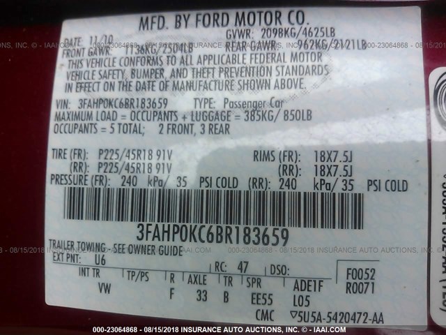 3FAHP0KC6BR183659 - 2011 FORD FUSION SPORT BURGUNDY photo 9