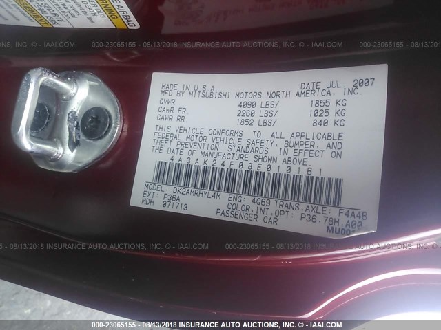 4A3AK24F08E010161 - 2008 MITSUBISHI ECLIPSE GS RED photo 9