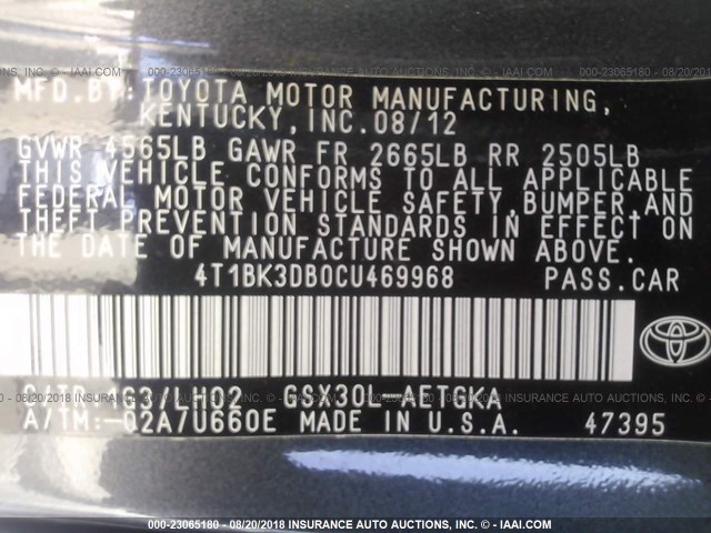 4T1BK3DB0CU469968 - 2012 TOYOTA AVALON LIMITED GRAY photo 9