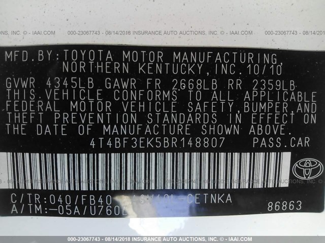 4T4BF3EK5BR148807 - 2011 TOYOTA CAMRY SE/LE/XLE WHITE photo 9