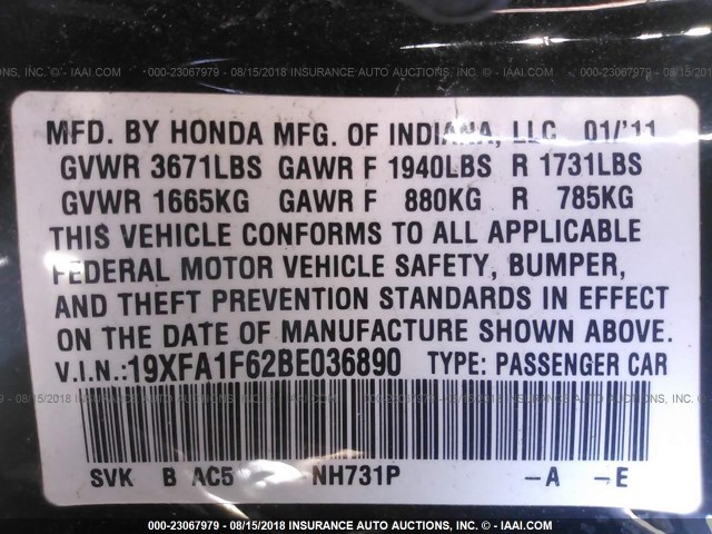 19XFA1F62BE036890 - 2011 HONDA CIVIC LX-S BLACK photo 9