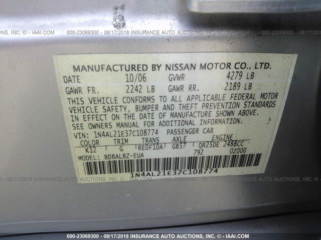 1N4AL21E37C108774 - 2007 NISSAN ALTIMA 2.5/2.5S Silver photo 9