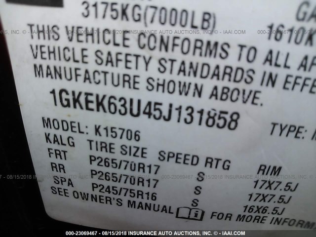 1GKEK63U45J131858 - 2005 GMC YUKON DENALI MAROON photo 9