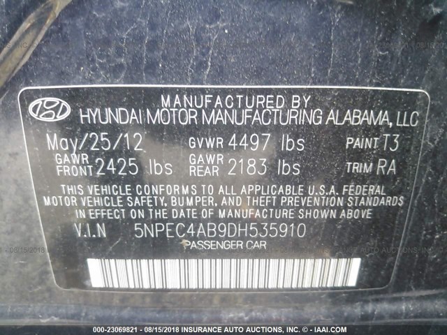 5NPEC4AB9DH535910 - 2013 HYUNDAI SONATA SE/LIMITED BLACK photo 9