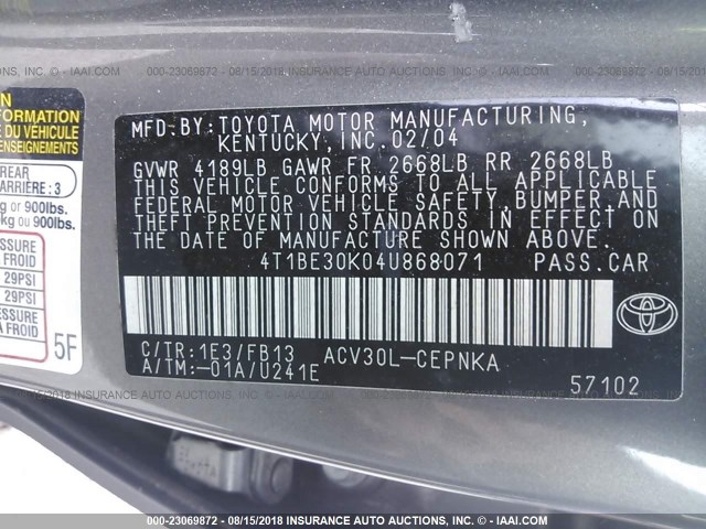 4T1BE30K04U868071 - 2004 TOYOTA CAMRY LE/XLE/SE GRAY photo 9