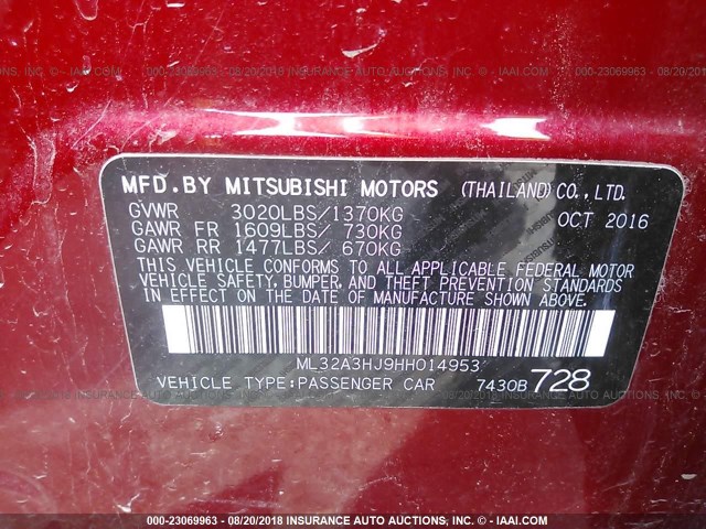 ML32A3HJ9HH014953 - 2017 MITSUBISHI MIRAGE ES RED photo 9