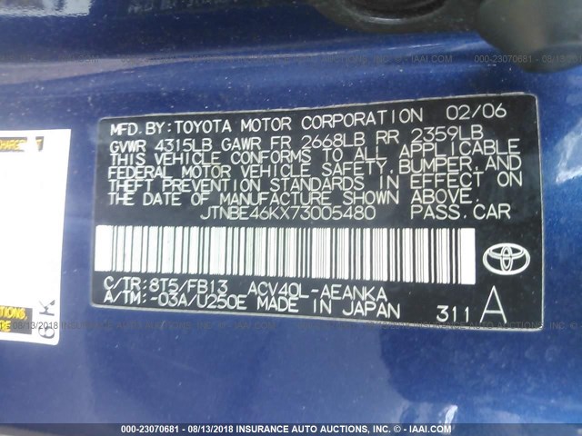 JTNBE46KX73005480 - 2007 TOYOTA CAMRY NEW GENERAT CE/LE/XLE/SE BLUE photo 9