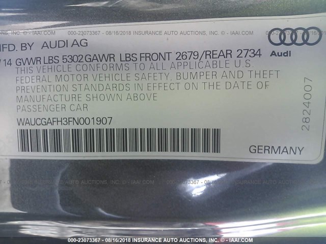 WAUCGAFH3FN001907 - 2015 AUDI S5 PREMIUM PLUS GRAY photo 9