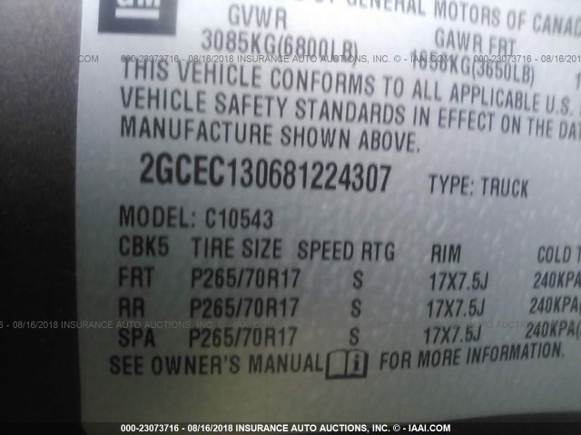 2GCEC130681224307 - 2008 CHEVROLET SILVERADO C1500 GRAY photo 9