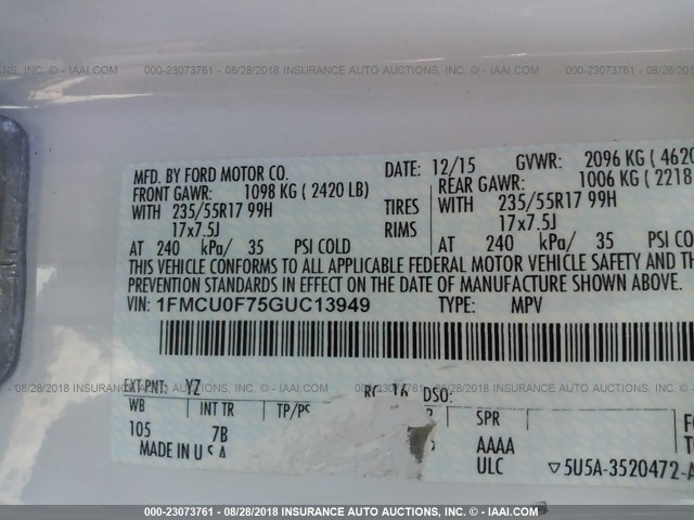 1FMCU0F75GUC13949 - 2016 FORD ESCAPE S WHITE photo 9