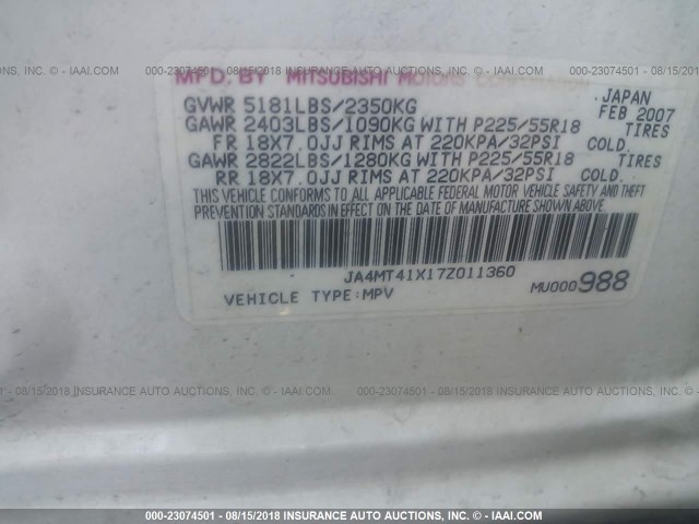 JA4MT41X17Z011360 - 2007 MITSUBISHI OUTLANDER XLS WHITE photo 9