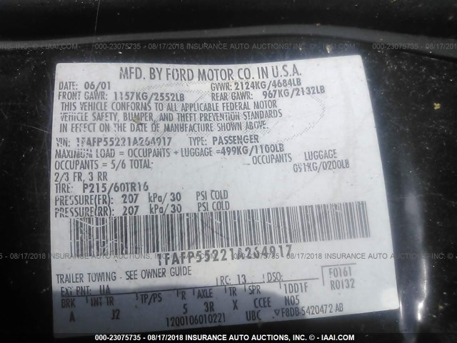 1FAFP55221A264917 - 2001 FORD TAURUS SES BLACK photo 9