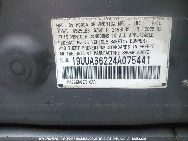 19UUA66224A075441 - 2004 ACURA TL GRAY photo 9