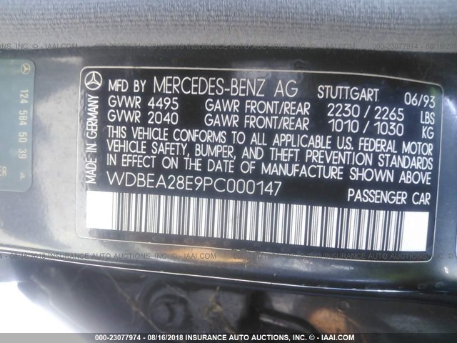 WDBEA28E9PC000147 - 1993 MERCEDES-BENZ 300 E 2.8 BLACK photo 9