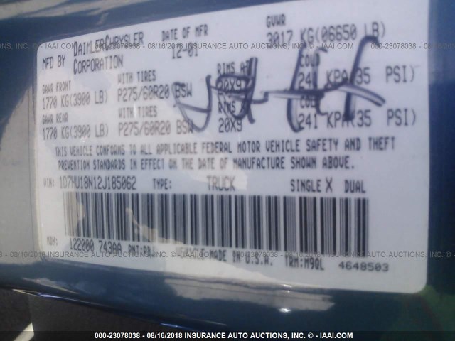 1D7HU18N12J185062 - 2002 DODGE RAM 1500 ლურჯი ფოტო 9