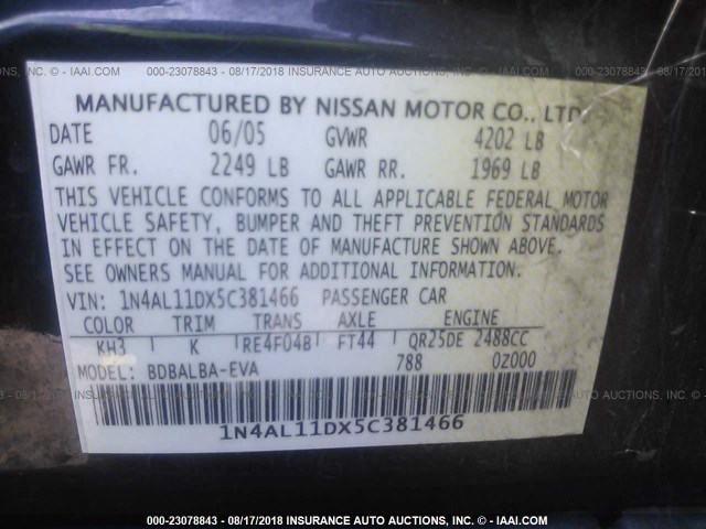 1N4AL11DX5C381466 - 2005 NISSAN ALTIMA S/SL BLACK photo 9