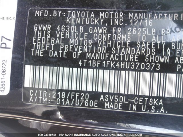 4T1BF1FK4HU370373 - 2017 TOYOTA CAMRY LE/XLE/SE/XSE BLACK photo 9