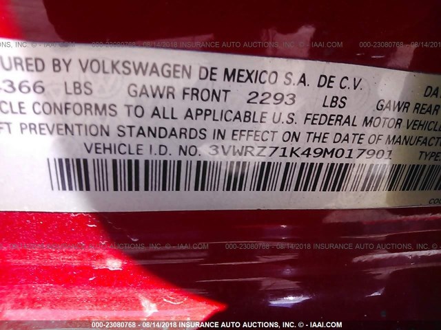 3VWRZ71K49M017901 - 2009 VOLKSWAGEN JETTA SE/SEL RED photo 9