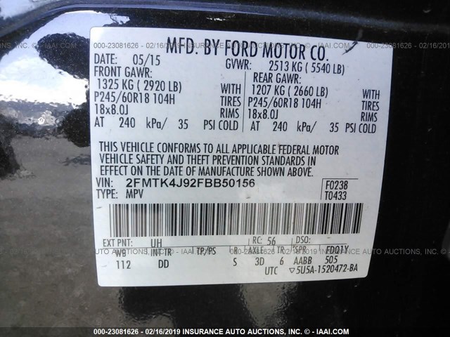 2FMTK4J92FBB50156 - 2015 FORD EDGE SEL BLACK photo 9