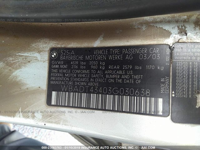 WBADT43403G030638 - 2003 BMW 525 I AUTOMATIC SILVER photo 9