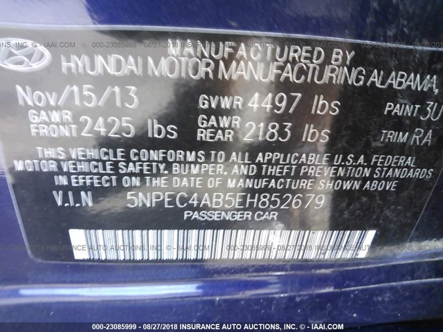 5NPEC4AB5EH852679 - 2014 HYUNDAI SONATA Dark Blue photo 9