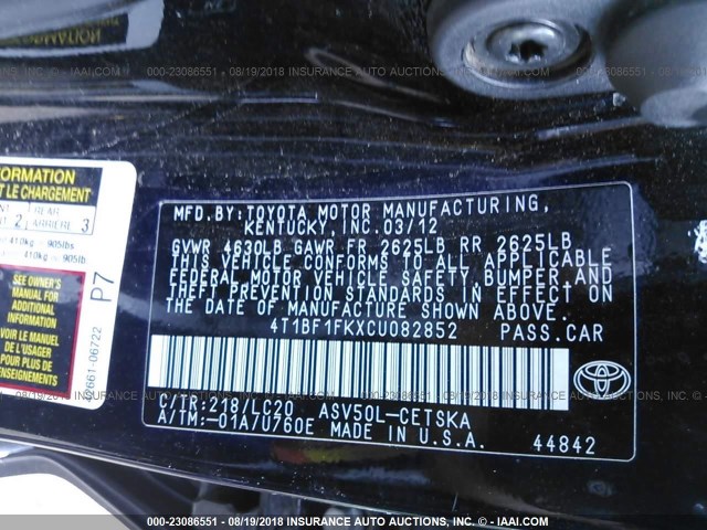 4T1BF1FKXCU082852 - 2012 TOYOTA CAMRY SE/LE/XLE BLACK photo 9