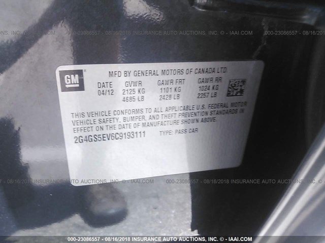 2G4GS5EV6C9193111 - 2012 BUICK REGAL PREMIUM GRAY photo 9