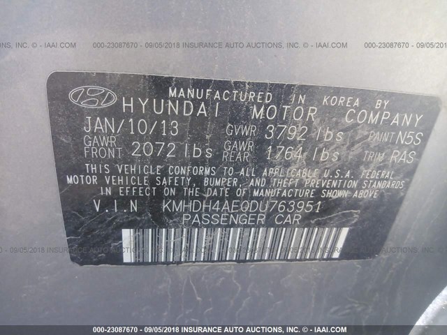 KMHDH4AE0DU763951 - 2013 HYUNDAI ELANTRA GLS/LIMITED SILVER photo 9