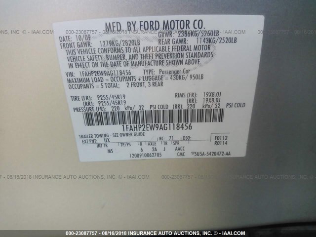 1FAHP2EW9AG118456 - 2010 FORD TAURUS SEL SILVER photo 9