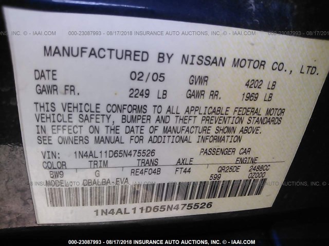 1N4AL11D65N475526 - 2005 NISSAN ALTIMA S/SL BLUE photo 9