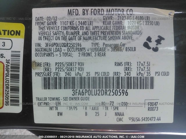 3FA6P0LU2DR250596 - 2013 FORD FUSION SE HYBRID BLACK photo 9