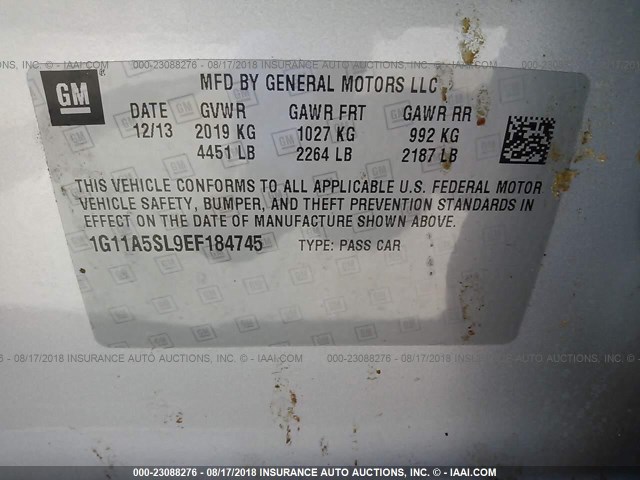 1G11A5SL9EF184745 - 2014 CHEVROLET MALIBU LS ვერცხლისფერი ფოტო 9