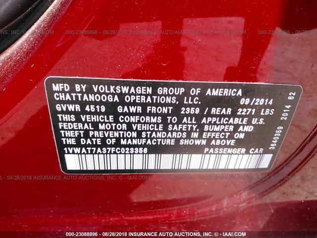 1VWAT7A37FC023356 - 2015 VOLKSWAGEN PASSAT S RED photo 9