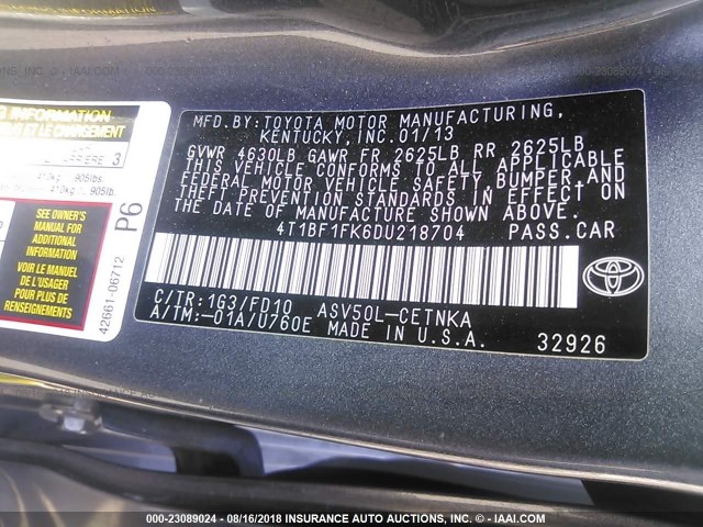 4T1BF1FK6DU218704 - 2013 TOYOTA CAMRY L/SE/LE/XLE Boz foto 9