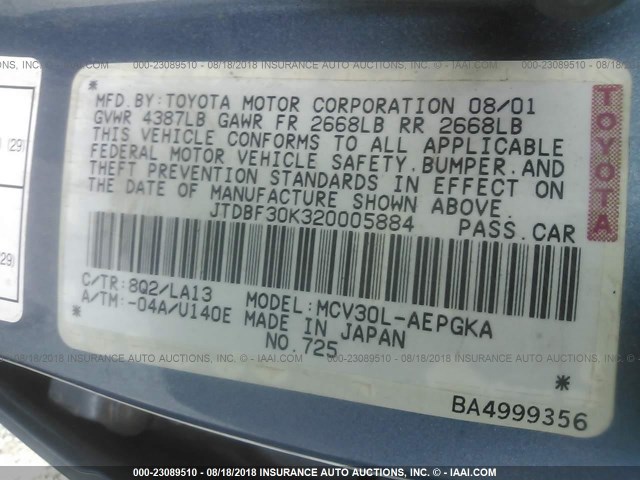 JTDBF30K320005884 - 2002 TOYOTA CAMRY LE/XLE/SE BLUE photo 9