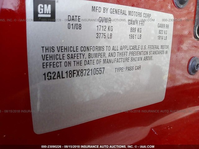 1G2AL18FX87210557 - 2008 PONTIAC G5 RED photo 9