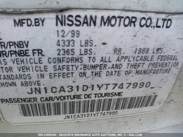 JN1CA31D1YT747990 - 2000 NISSAN MAXIMA GLE/GXE/SE WHITE photo 9