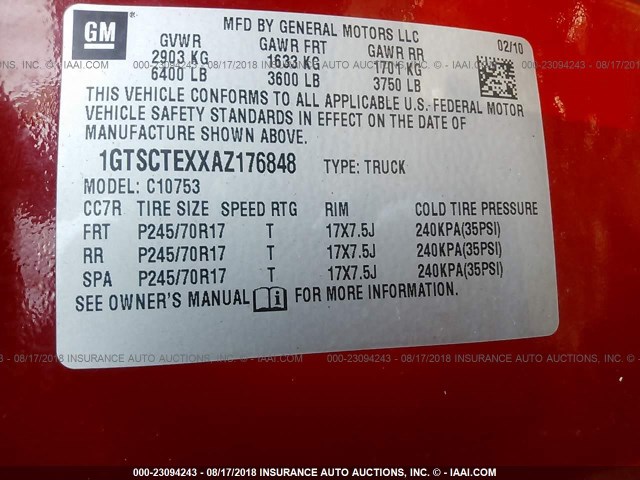 1GTSCTEXXAZ176848 - 2010 GMC SIERRA C1500 RED photo 9