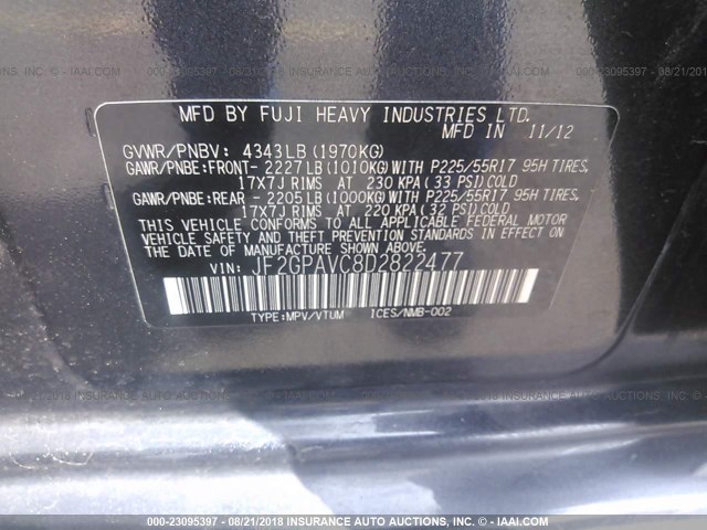 JF2GPAVC8D2822477 - 2013 SUBARU XV CROSSTREK 2.0 PREMIUM GRAY photo 9