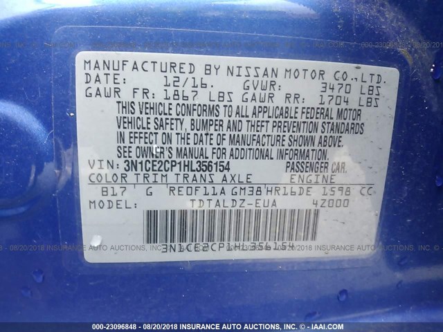 3N1CE2CP1HL356154 - 2017 NISSAN VERSA NOTE S/S PLUS/SV/SL/SR BLUE photo 9