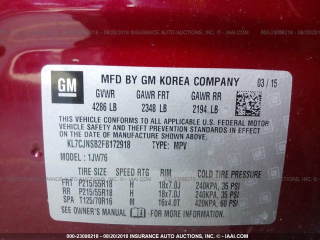 KL7CJNSB2FB172918 - 2015 CHEVROLET TRAX LTZ RED photo 9